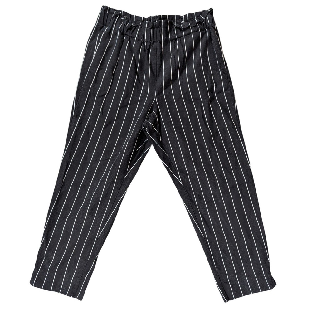 Ann Taylor Pants Women L Black Pinstripe Paperbag Waist Lyocell Cotton Casual